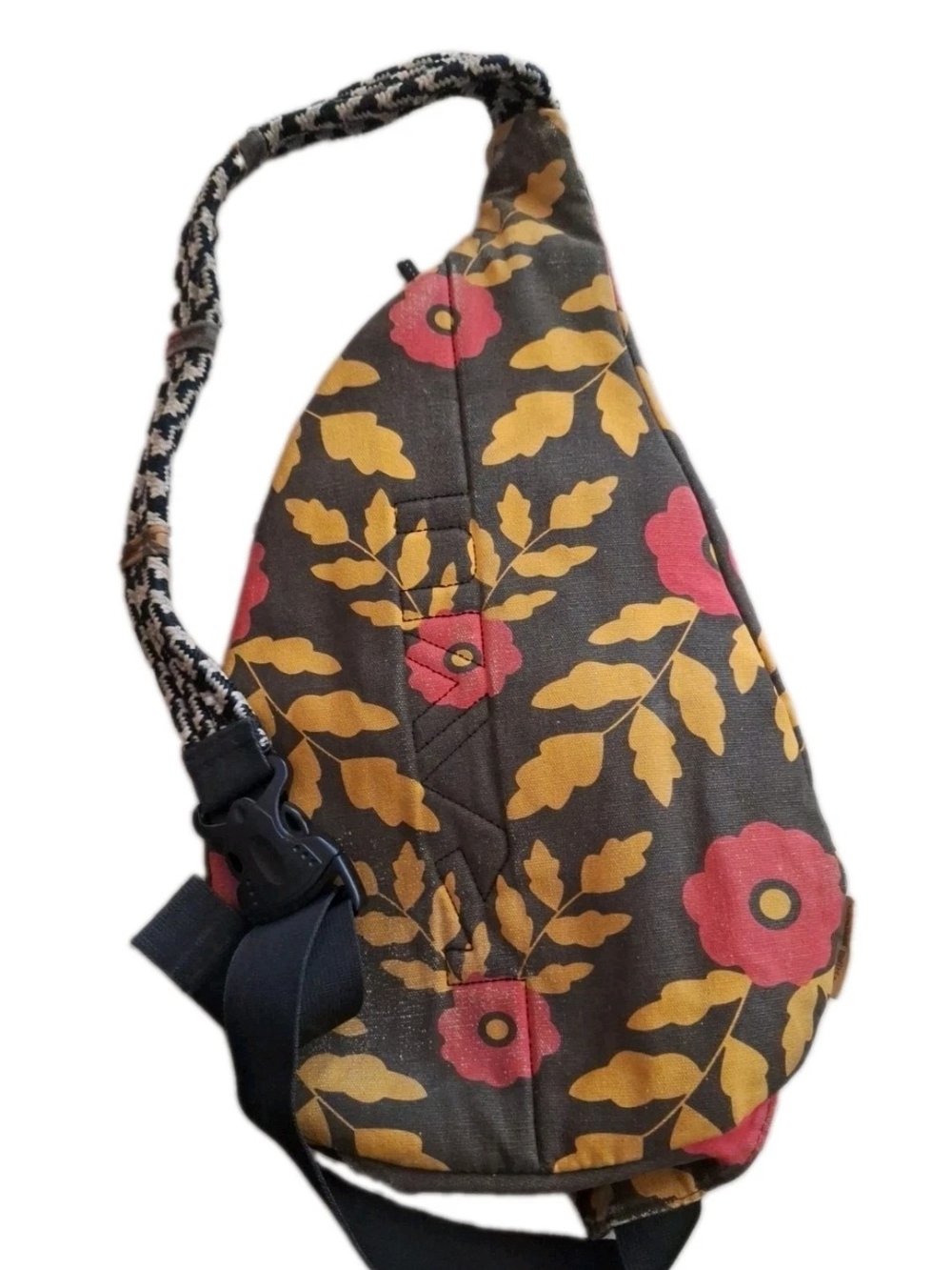 Kavu Rope Sling Bag Rare Limited Edition Black Red Yellow Floral All Over Print - Picture 2 of 6